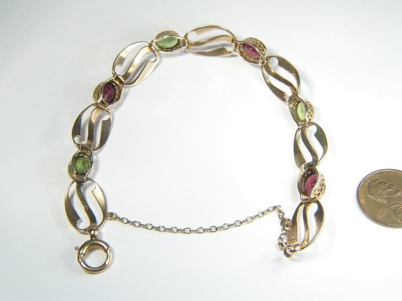 ANTIQUE ART NOUVEAU 9K GOLD PERIDOT GARNET BRACELET  