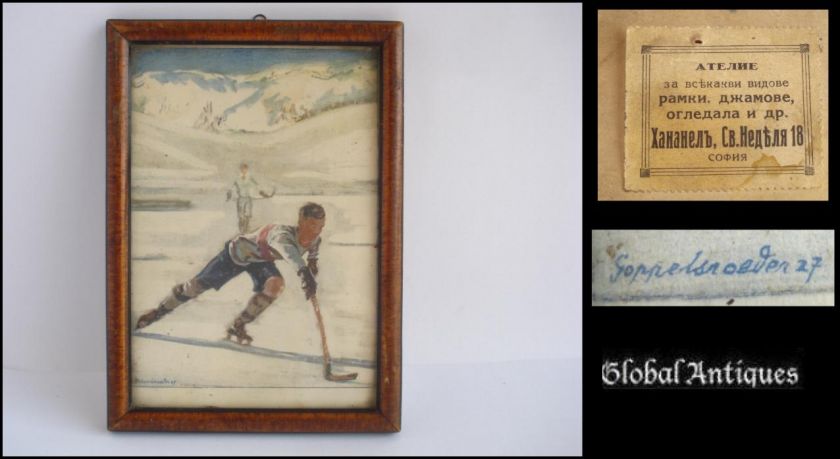 1920s ANTIQUE ORIGINAL FRAMED COLOR PRINT – ICE HOCKEY  