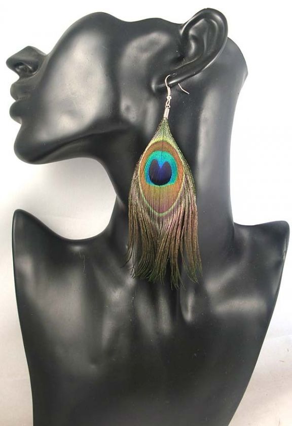 Large SINGLE Peacock Eyes Feathers Long Tassel Earring  