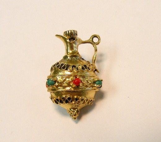 VINTAGE 14K GOLD PERFUME BOTTLE CHATELAINE 3D CHARM *  