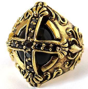 BIG BLACK ONYX KNIGHT CROSS GOLD BRASS MENS RING 10.5  