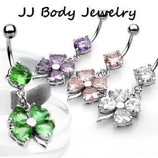 Shamrock Four Leaf Clover Navel Belly Ring Dangle CZ  