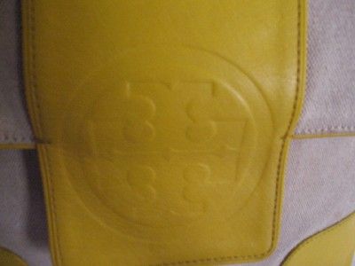 TORY BURCH CREAM CANVAS YELLOW LOGO EMBOSSED LEATHER TRIM SHOULDER 