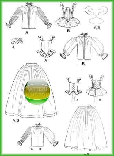   blouse, bodice, skirt, bum roll. B Blouse, bodice, skirt, bum roll