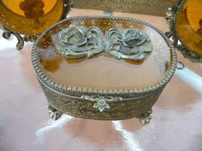   MATSON 2 PERFUME BOTTLES A CASKET & A TISSUE HOLDER ORMOLU VANITY SET