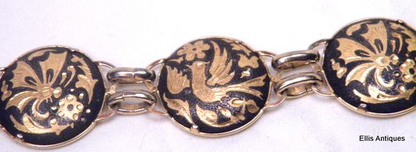 VINTAGE DAMASCENE NIELLO ROUND LINK BIRD BUTTERFLY BRAC  