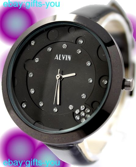 Montre Black Band Round Gunmetal Tone Women Crystal Dial Fashion Watch 