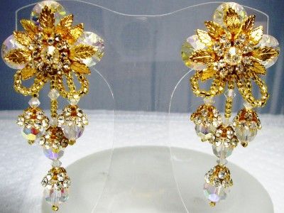 ELEGANT AB Faceted Rivoli Crystal Rhinestone Chandelier Pierced 