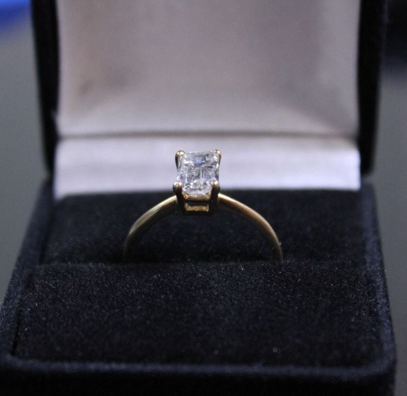 01 CT F IS2 Emerald Cut Diamond 14k Yellow Gold Ring Size 6.5  