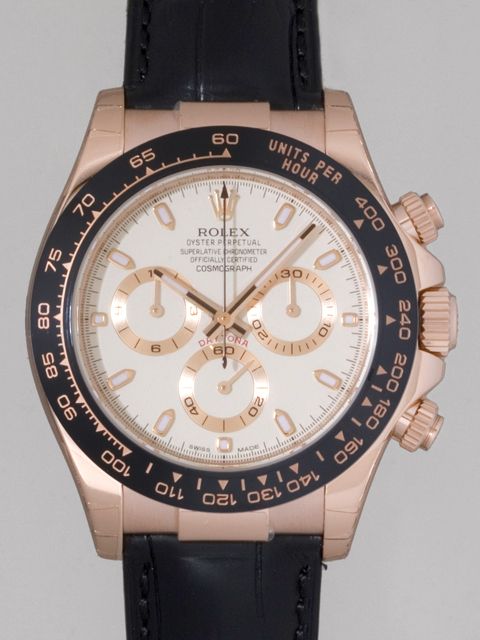 Rolex Daytona 116515 Rose Gold Ivory Dial Ceramic Bezel On Strap Ret 