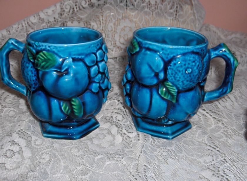   Mugs 1960s Inarco China Mood Indigo Blue Embossed Fruit  