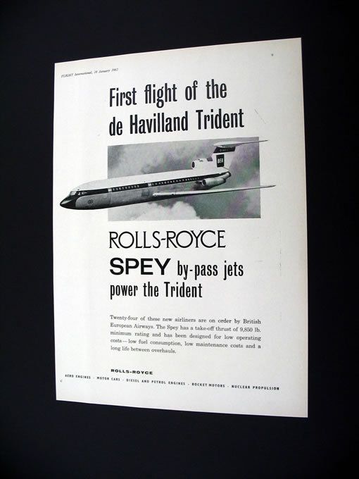 Rolls Royce Spey Engine BEA Trident Airplane 1962 Ad  