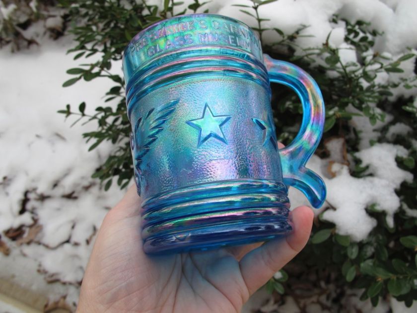 SAPPHIRE BLUE IMPERIAL CARNIVAL GLASS MUG 1972 IRIDESCENT EAGLE 