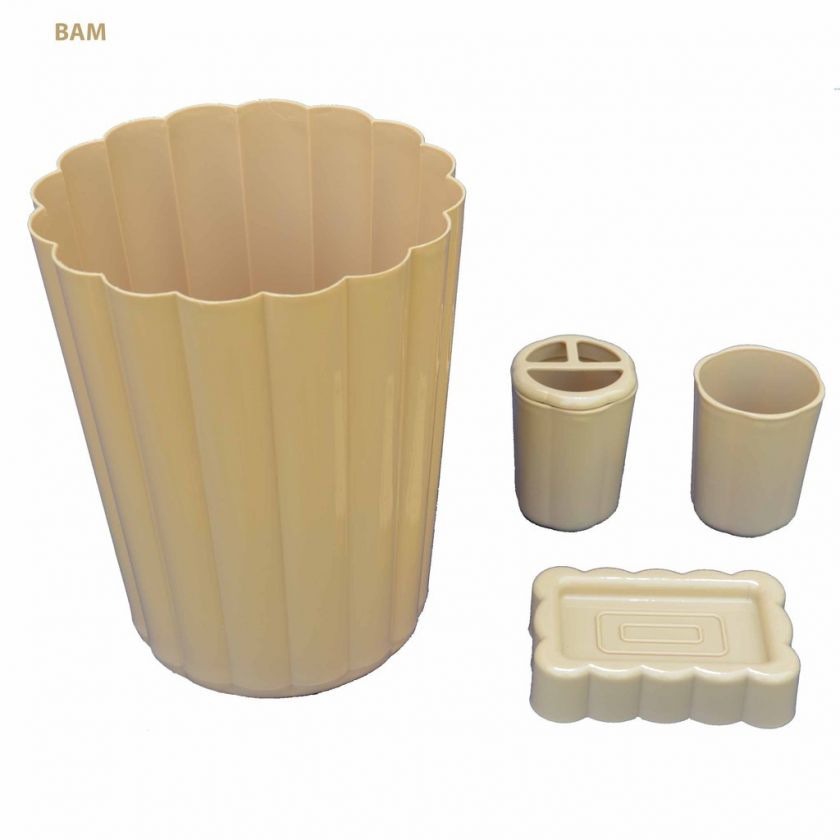 4pc BATH SET BEIGE WASTEBASKET/SOAP DISH/CUP/T BRUSH  