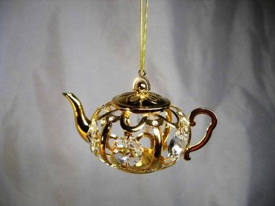 24K GOLD PLATED AUSTRIAN CRYSTAL TEA POT ORNAMENT NEW  