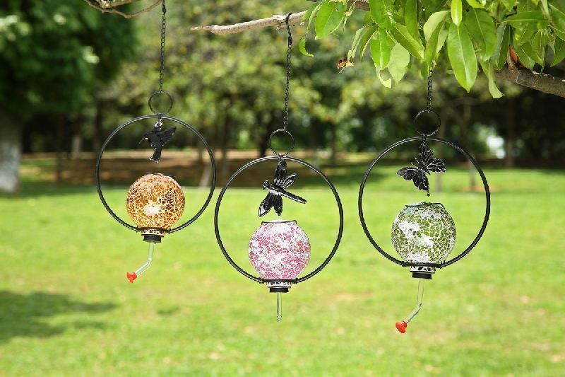   Amber Yellow Mosaic Glass Hanging Hummingbird Bird Water Feeder  