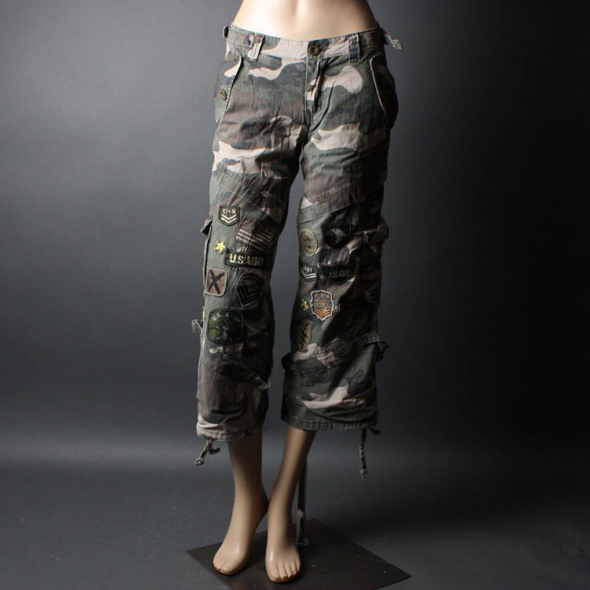 Green Brown Camouflage Women Army Military Capri Loose Fit Cargo Pants 