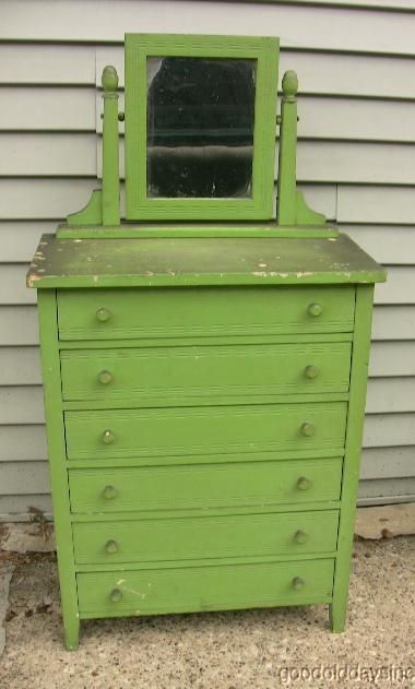 Antique Childs Chest w Mirror Painted Green Shabby Chic  