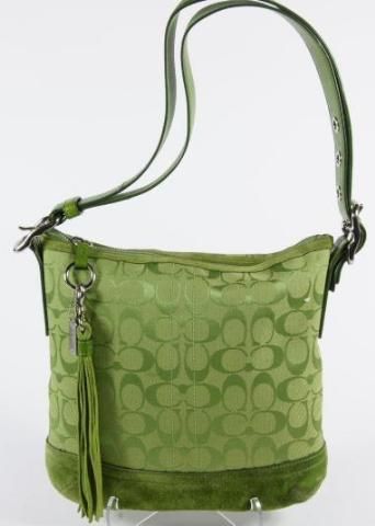 Coach Green Signature Print Canvas Suede Trim Tassle Shoulder Bag 