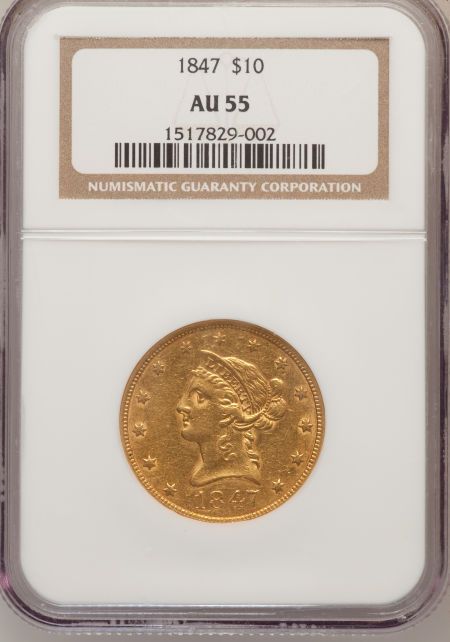 1847, NGC AU 55, $10 GOLD EAGLE, NICE COIN & GOOD VALUE  