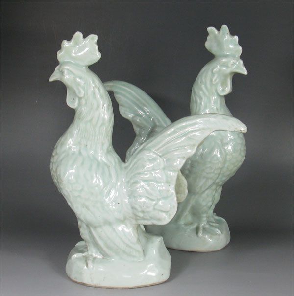 BEAUTIFUL PAIR LIGHT GREEN GLAZE FIGURINE Chickens  