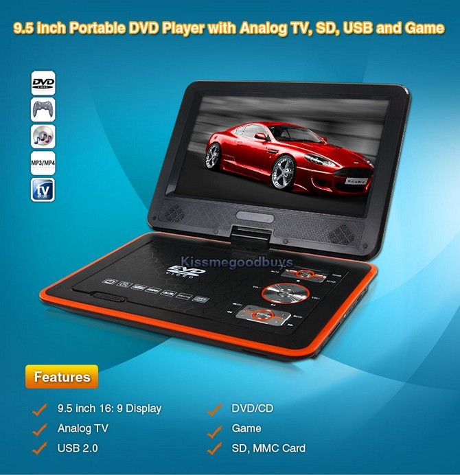 NEW 9.5 TFT Portable DVD EVD CD Player with Analog TV SD USB Slots 