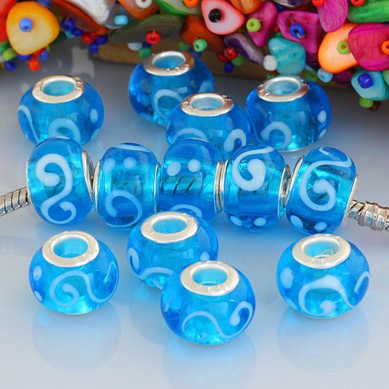 30X MURANO WATER AQUA LAMPWORK GLASS EUROPEAN HOLE BEAD  