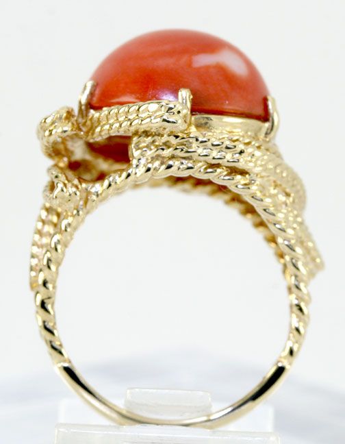   MM NATURAL CORAL CABOCHON & 14K YELLOW GOLD ORNATE ROPE RING BARGAIN