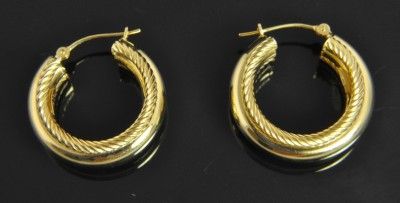 Estate Vintage Yellow 14K Gold Cable Rope Hoop Earrings  