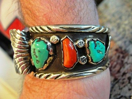 ZUNI INDIAN ANGIE C. STERLING SILVER TURQUOISE & CORAL MANS WATCHBAND 