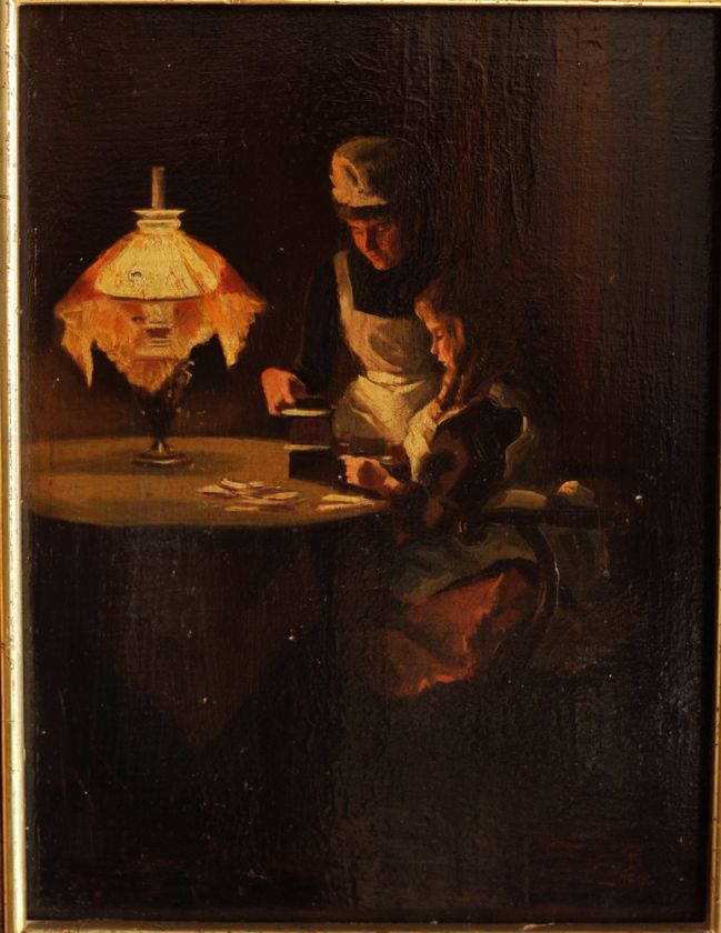 Antique Oil Painting Interior Scene w 2 figures by Kerosene Lamp 1890 