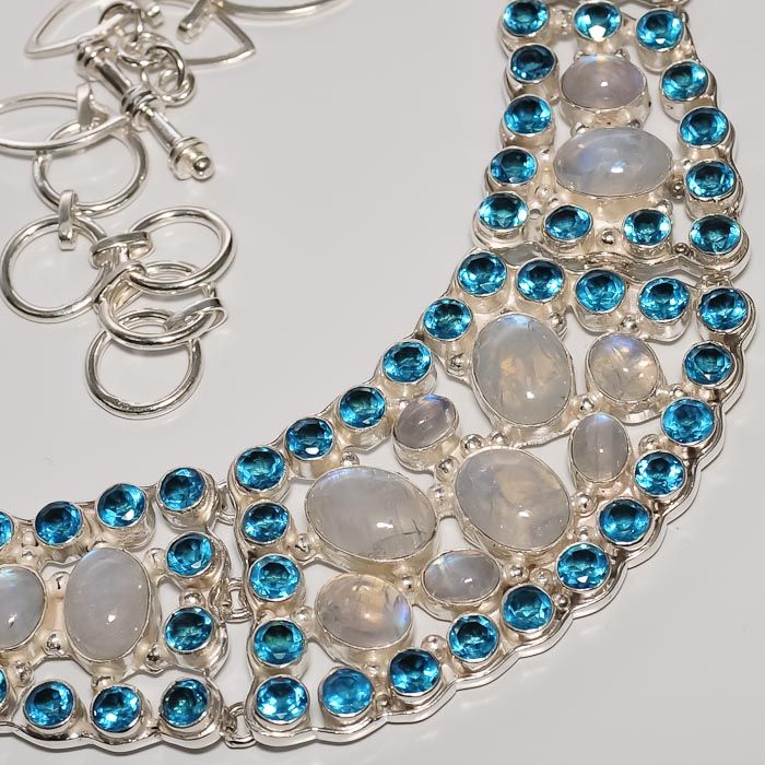 SHINY  RAINBOW MOON STONE , LONDON BLUE TOPAZ .925 SILVER NECKLACE 18 