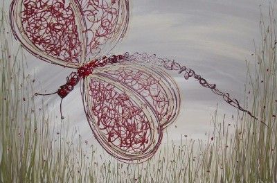 RED CREAM GREEN DRAGONFLY ABSTRACT PAINTING *STEPHANIE*  