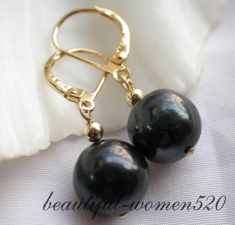 nature 11mm Tahitian black round freshwater pearl earring 14k . I 