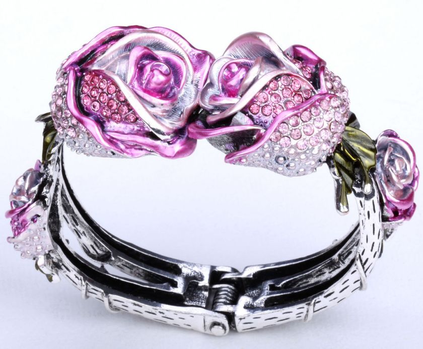 Pink crystal rose flower cuff bracelet 39;matching ring brooch 