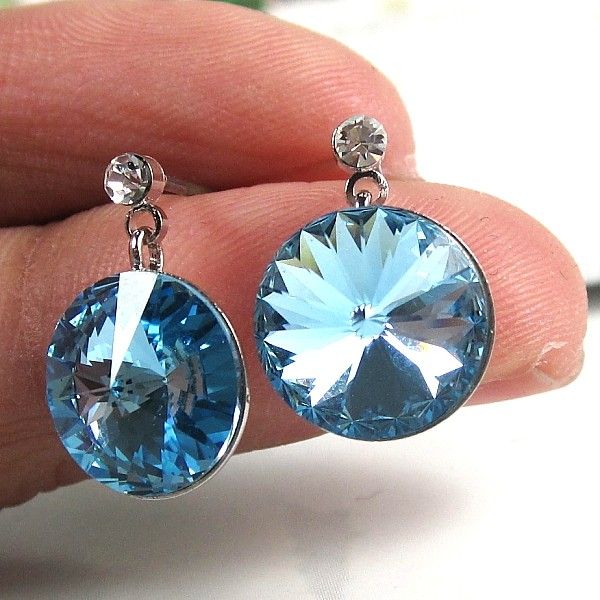 18K GP Ocean Blue round rivoli earrings eardrop 074  