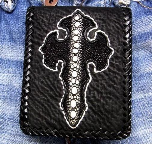 GENUINE STINGRAY SHARK CROSS BIKER BLACK MENS WALLET  