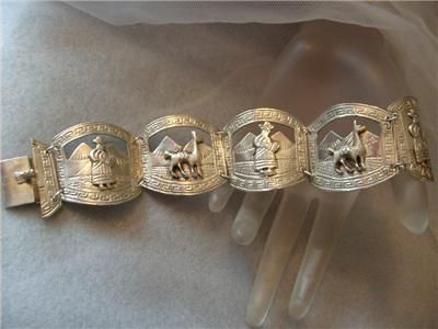 Vintage Peruvian Lama Sterling Silver 5 Panel Cuff Bracelet  